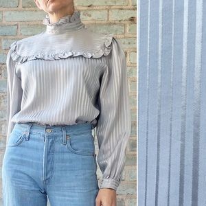 Vintage Victorian Blouse 80s Metallic Silver Ruffle Prairie High Collar Button